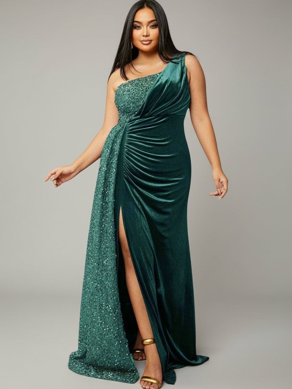 Miss Ord Emerald Green Velvet Sequin One Shoulder Maxi Dress High Slit Sz S